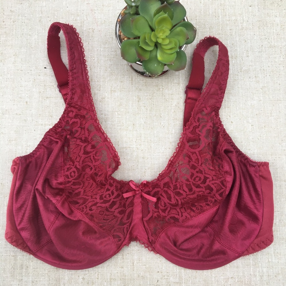 Red Burgundy Lace Bow Dainty Bralette Bra 36D